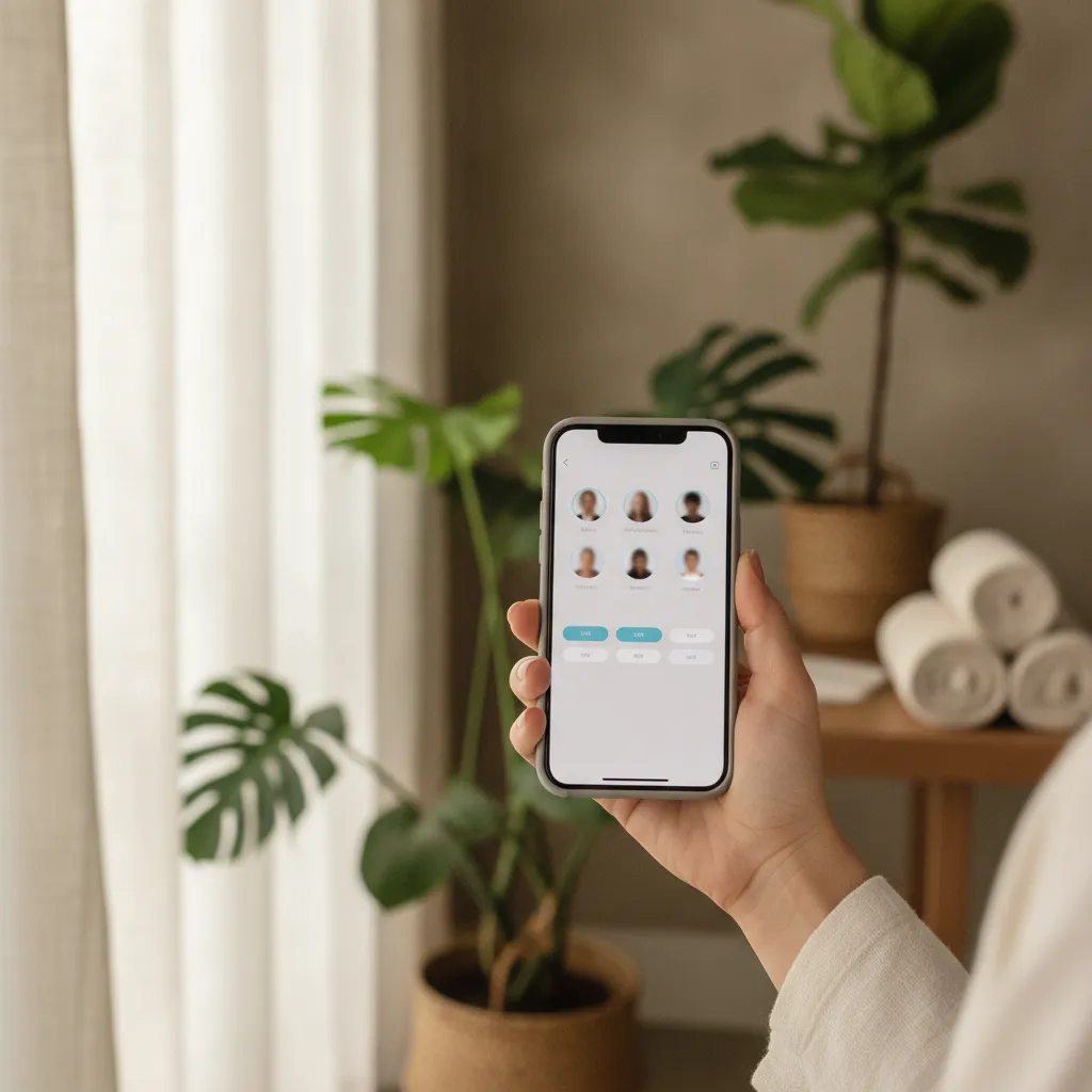 An example app screen: wellness booking — pick a therapist and a time